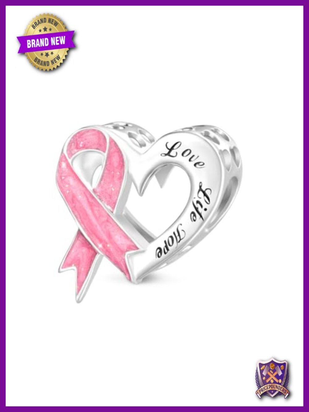 Genuine 925 Sterling Silver Pink Ribbon Heart Charm Bracelet Necklace Fit